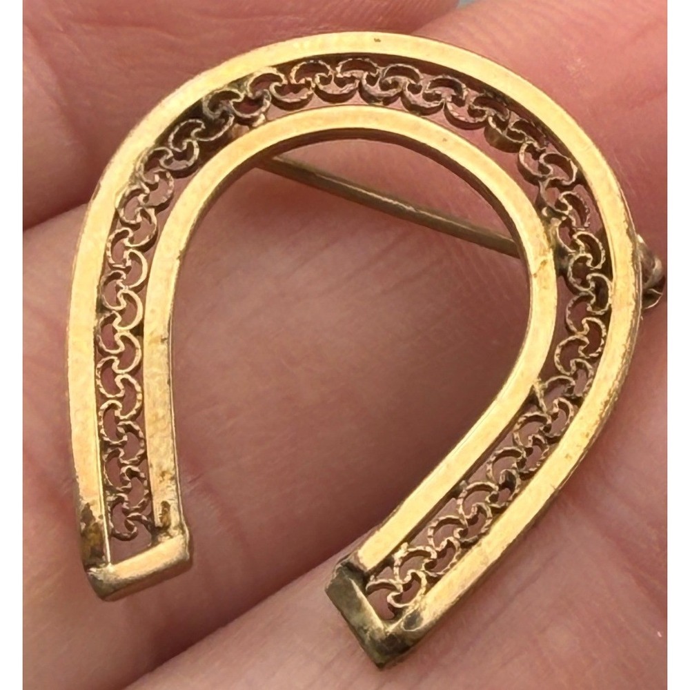 Vintage Gold Filled Cannetille Horseshoe Brooch Pin Open Framework Equestrian 1"